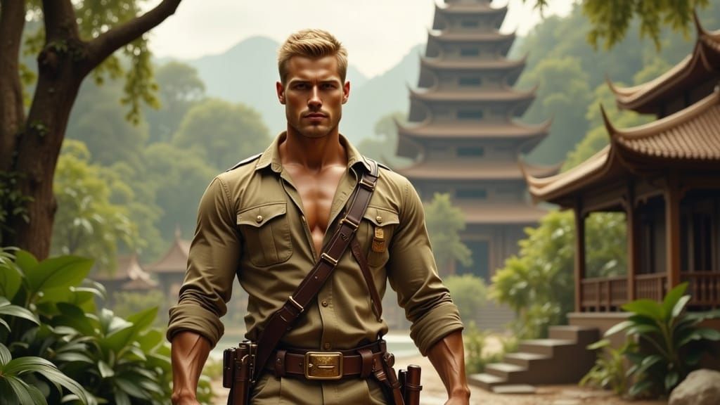 Muscular Blonde Soldier of Fortune in Jungle Temple
