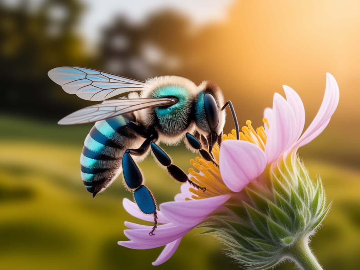 Vibrant Bee Collects Nectar in Sunlit Meadow