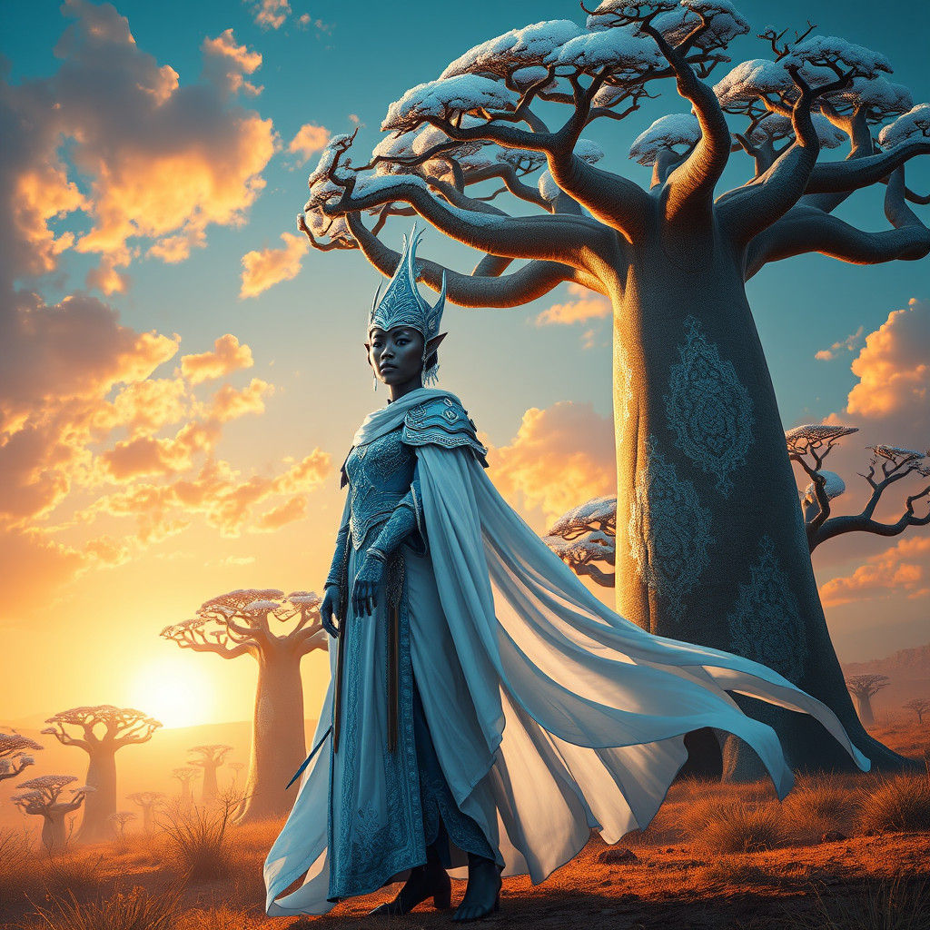 Icy Elf Warrior in African Savannah, Digital Art