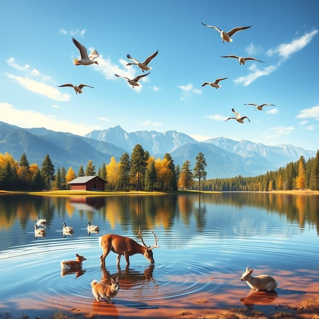 Idyllic Mountain Lake Scene in Whimsical Style