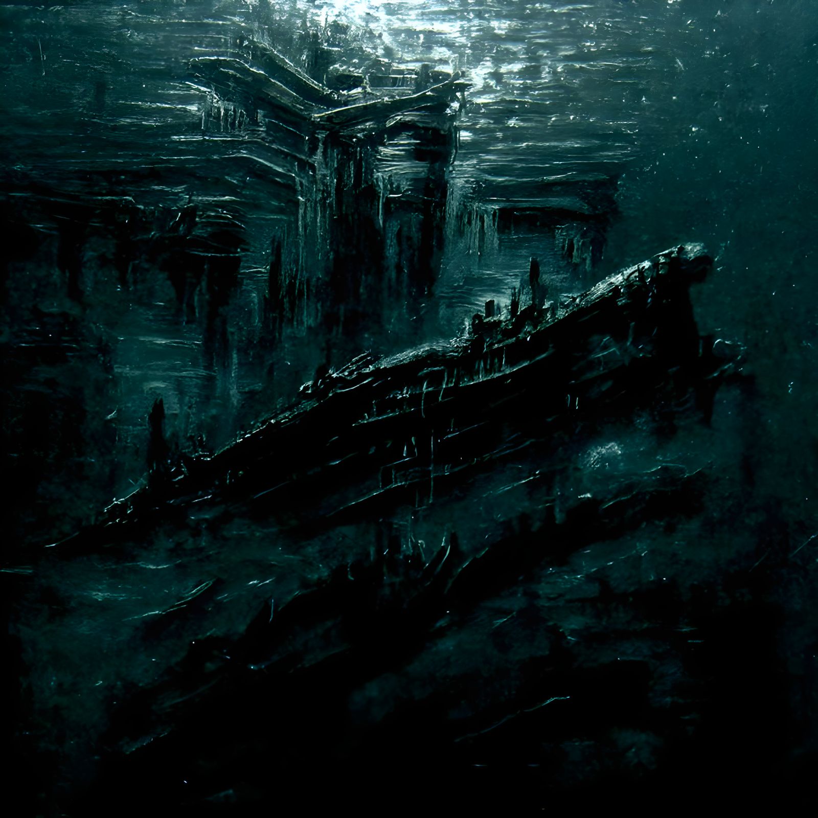 Sunken Titanic in Ominous Deep Sea, Rutkowski Style