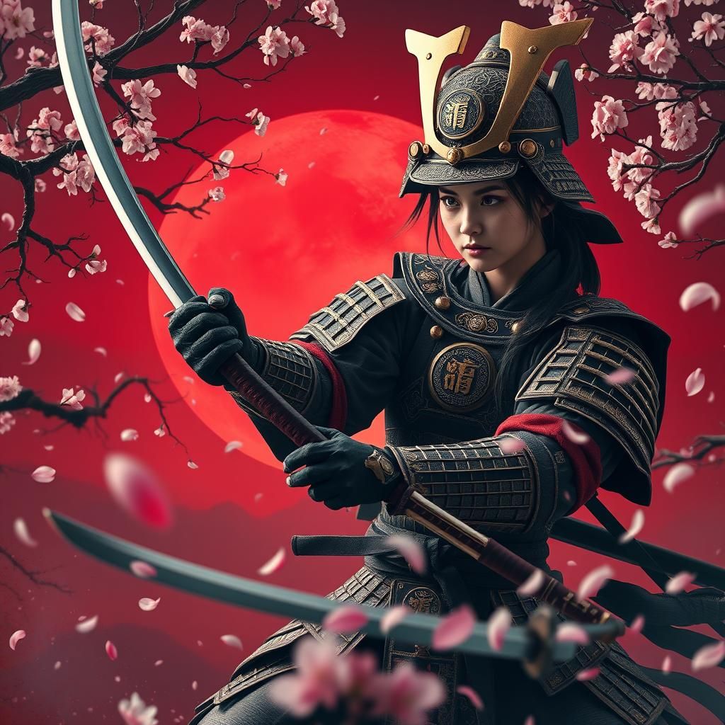 Samurai Woman Battles Ninja Under Cherry Blossoms