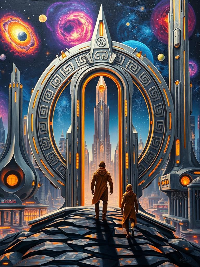 Futuristic Stargate at City Edge in Retro-Futurism Style