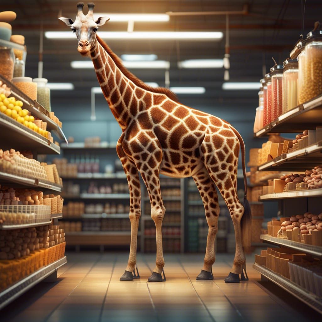 Giraffe shelf stocker in an animal supermarket