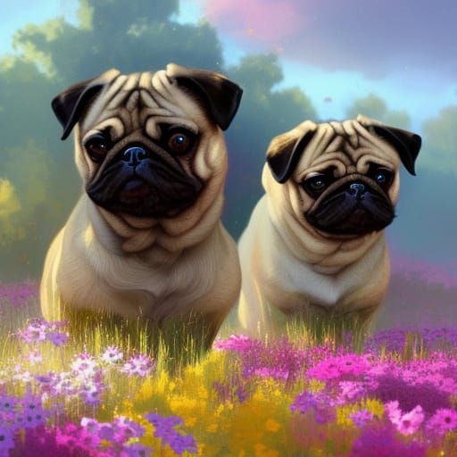 Playful Pugs in a Flower Garden, Digital Art