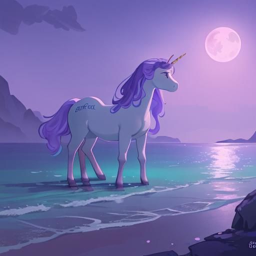 Pastel Beach: Unicorn Foal and Full Moon in Fantasy Art