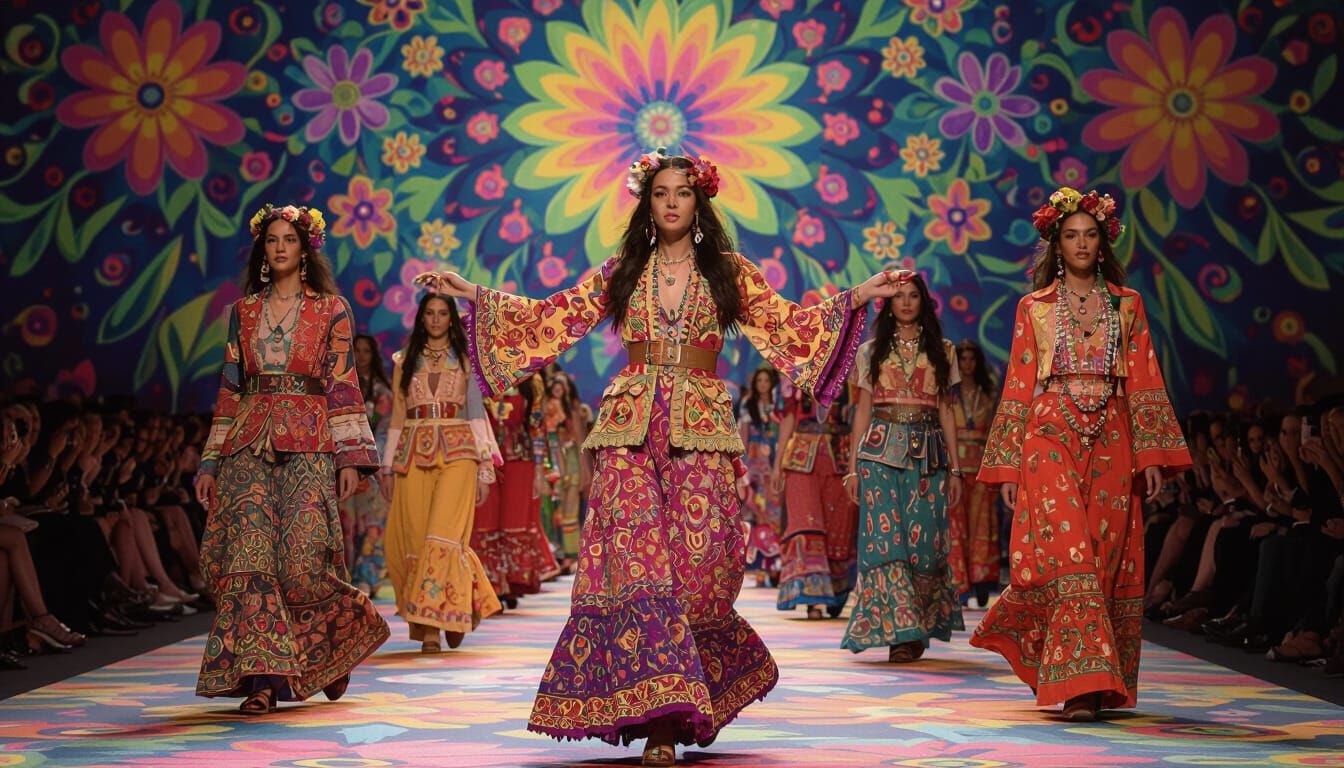 Dancing Hippies in Psychedelic Flower-Power Style