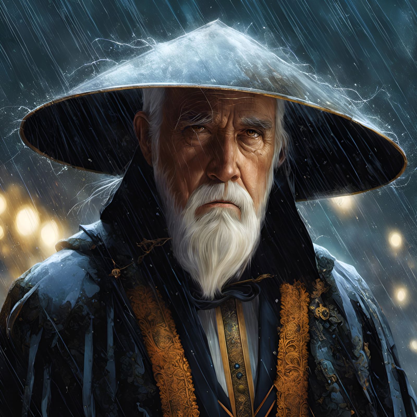 Sad Broom Portrait with Lightning and Rain