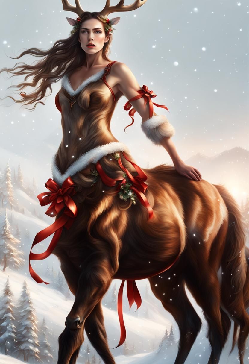 Majestic Centaur with Antlers in Snowy Christmas Scene