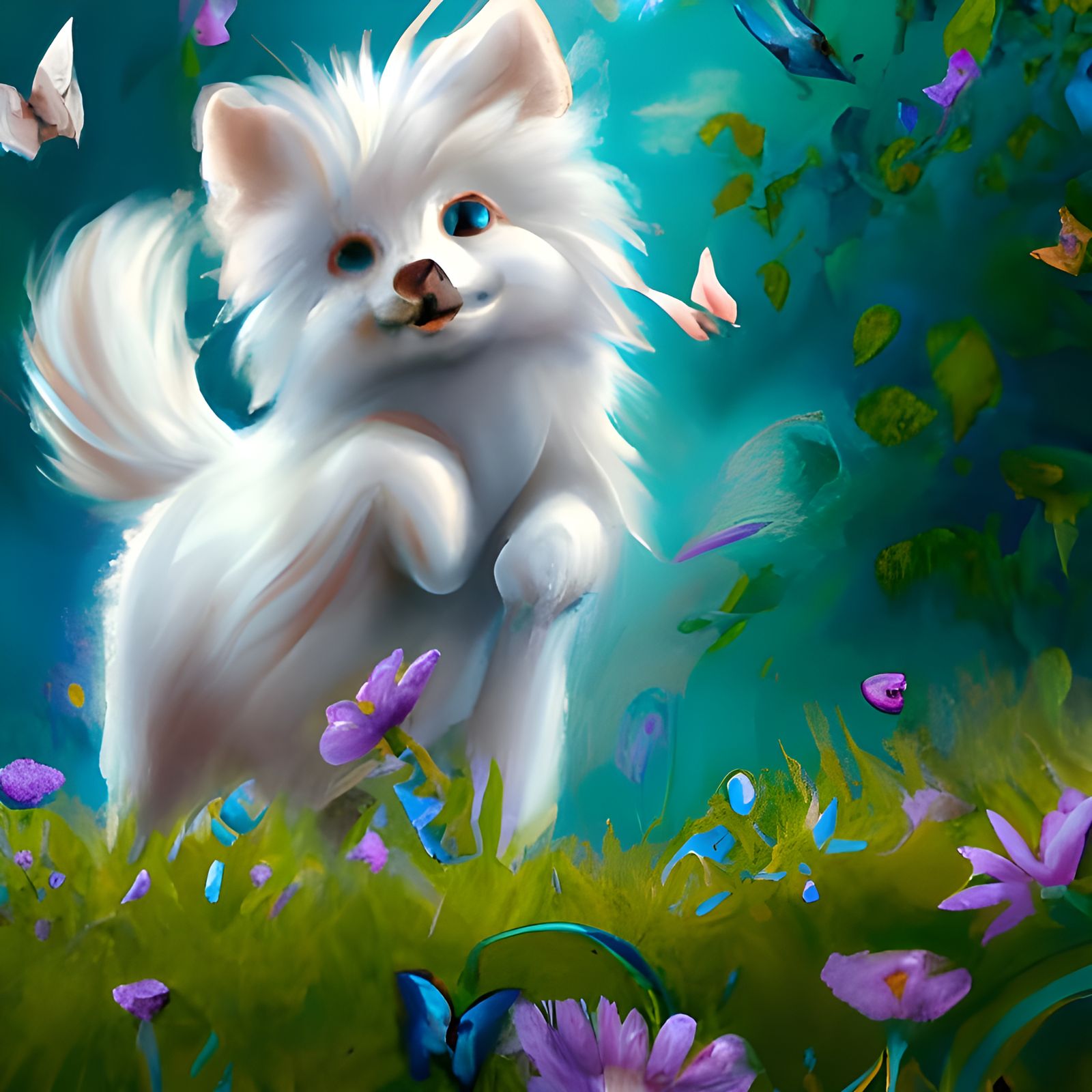 Fluffy White Dog in Paradise Garden, Hyperdetailed Concept A...