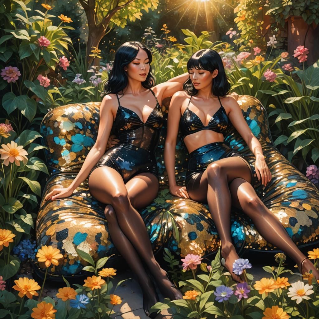 Women Relaxing in Sunny Garden, Fantasy Concept Art
