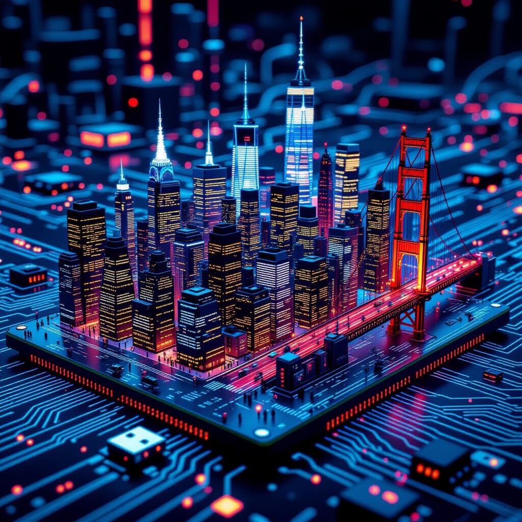 Cyberpunk New York Cityscape on Silicon Circuit Board