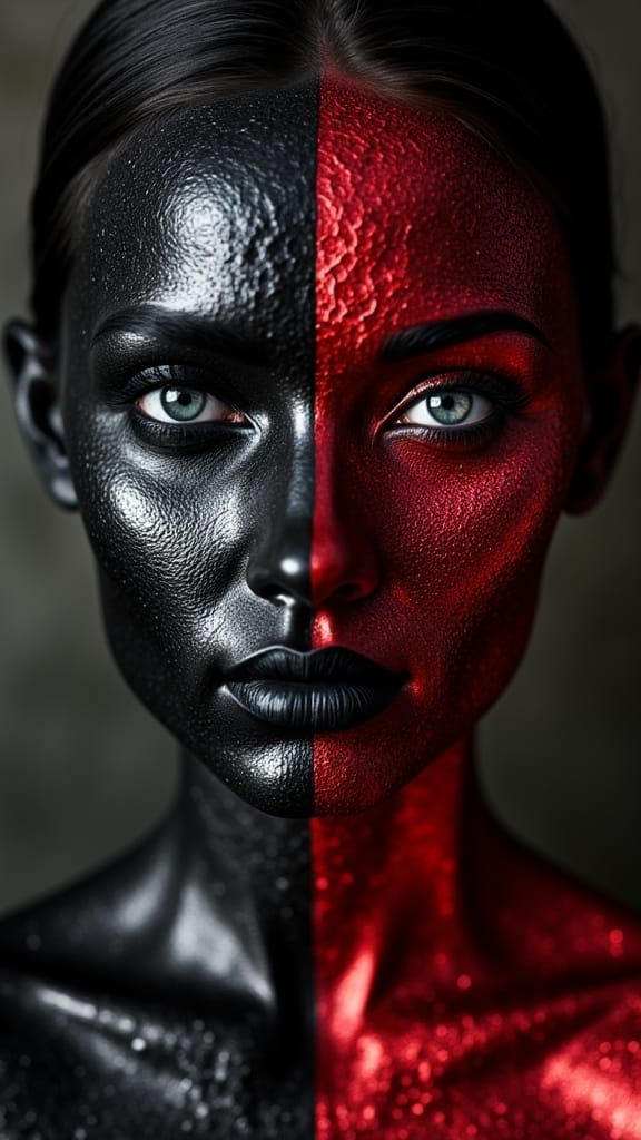Symmetrical Portrait of Woman with Metallic Black and Red Ma...