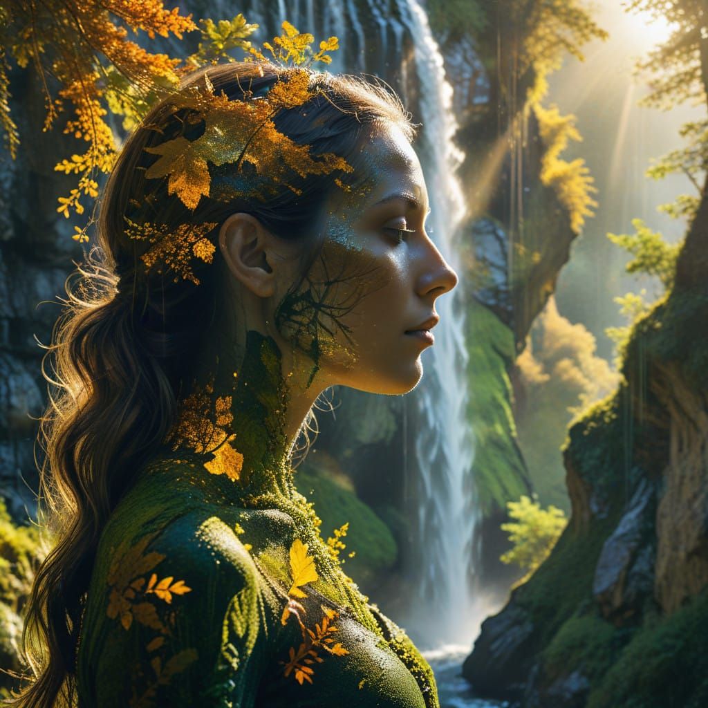 Surreal Portrait of a Woman Blending with Natural Elements a...