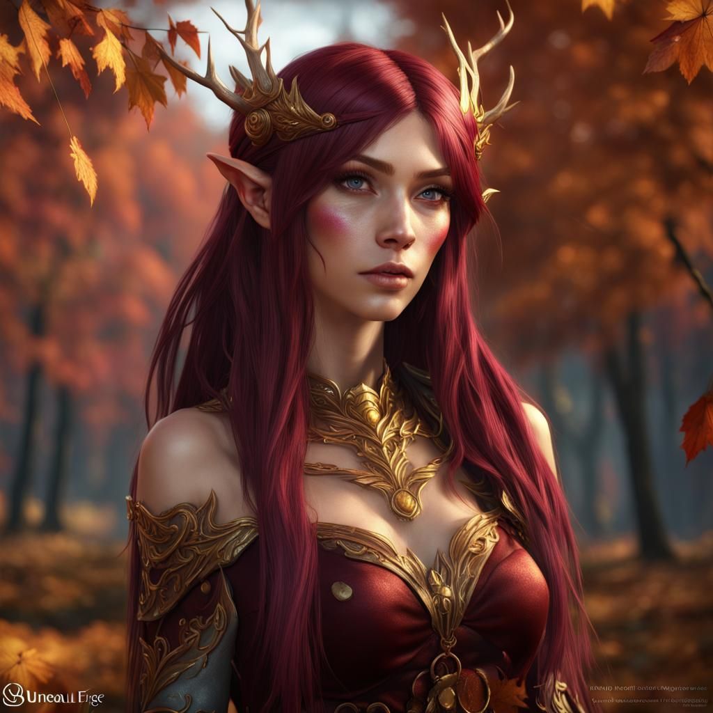 Autumn Elf with Maroon Hair in Detailed Painting