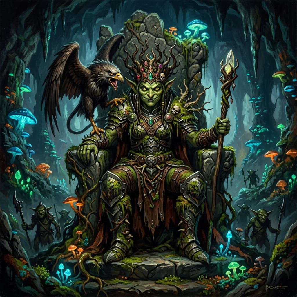 Goblin Queen on Stone Throne in Dark Fantasy Style
