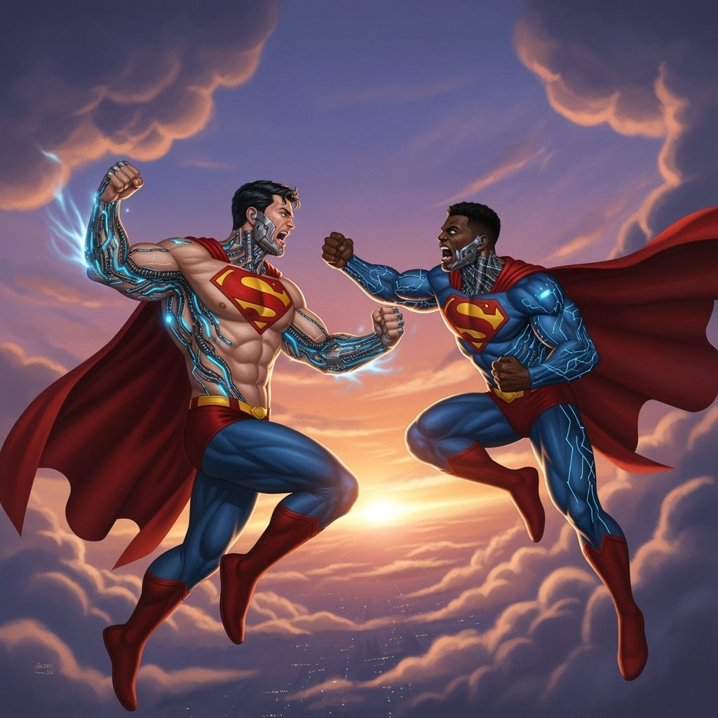 Superman Cyborgs Battle in Dramatic Sunset Sky