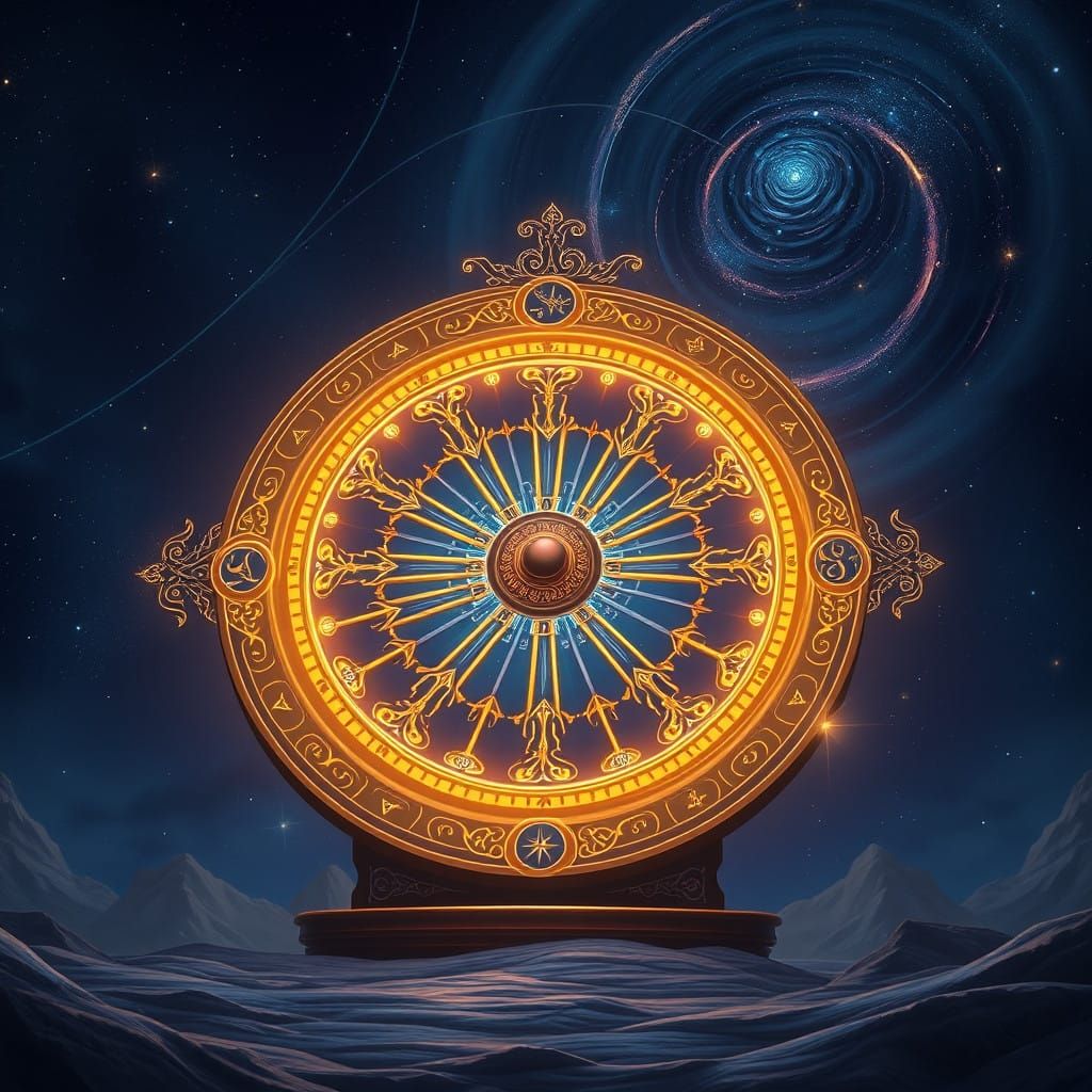Glowing Wheel of Fortune in a Celestial Night Sky