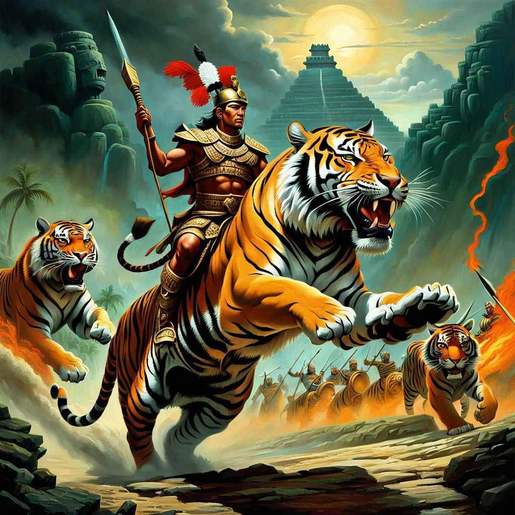 Mayan Warrior Rides Tiger in Surreal Battle