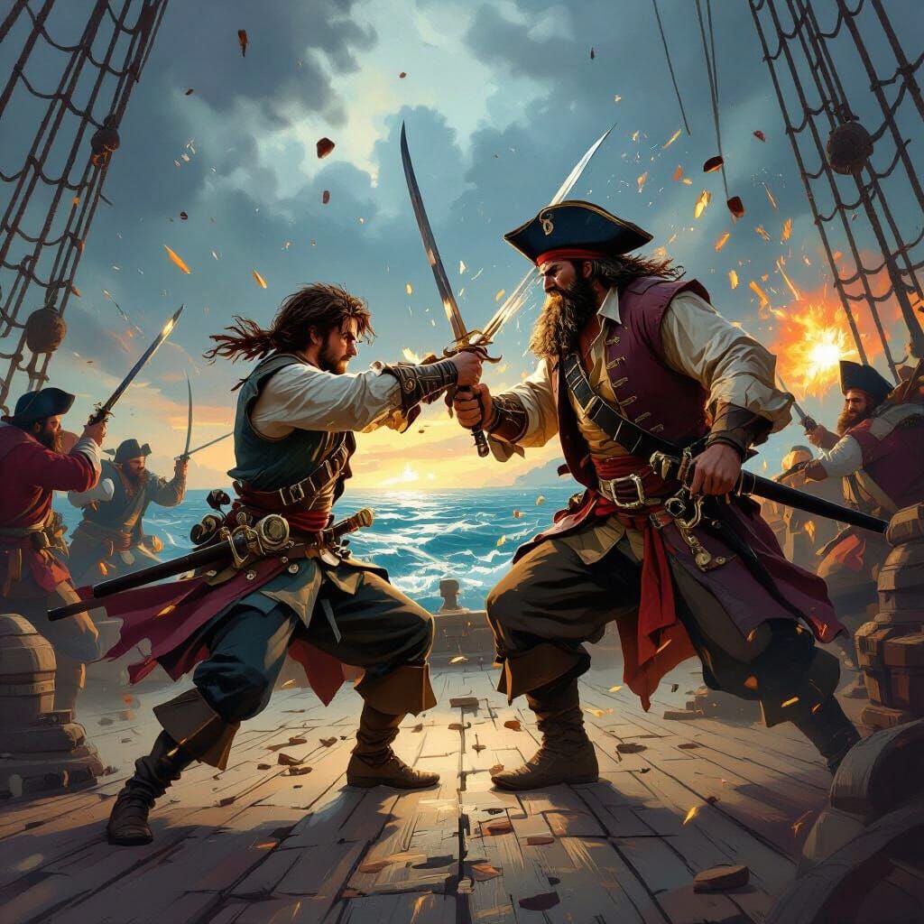 Epic Pirate Battle on a Ship Deck in Cinematic Style