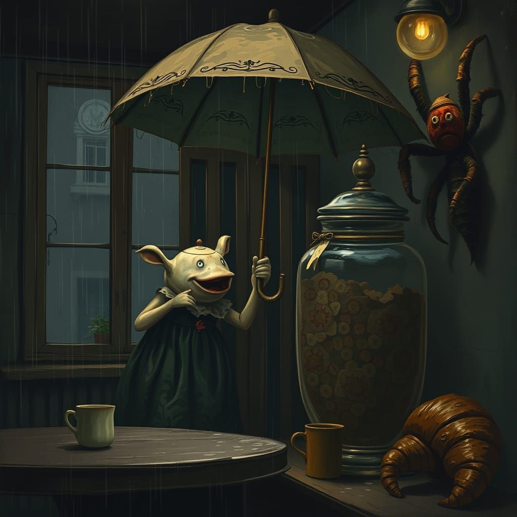 Terrified Teapot Hides From Croissant-Spider, Ominous Style