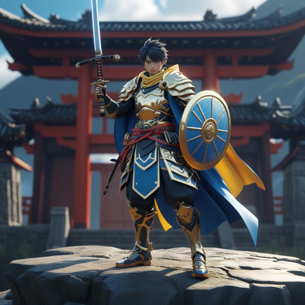 Anime Warrior on Mountain Peak in Stormy Vista