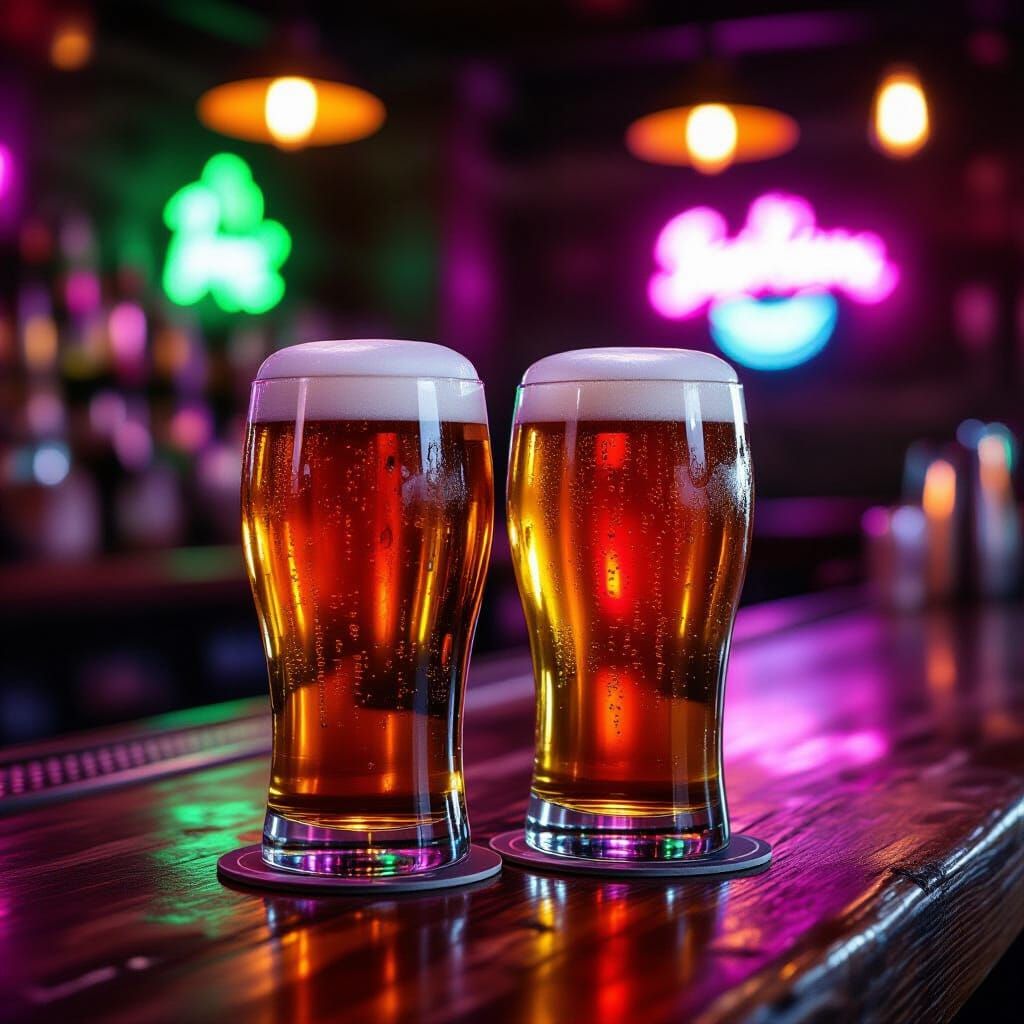 Two Cold Craft Beer Pints on Rustic Bar