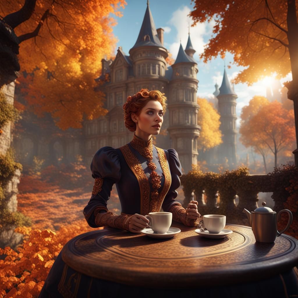 Autumn Sunlight: Old Woman's Coffee in Detailed Painting