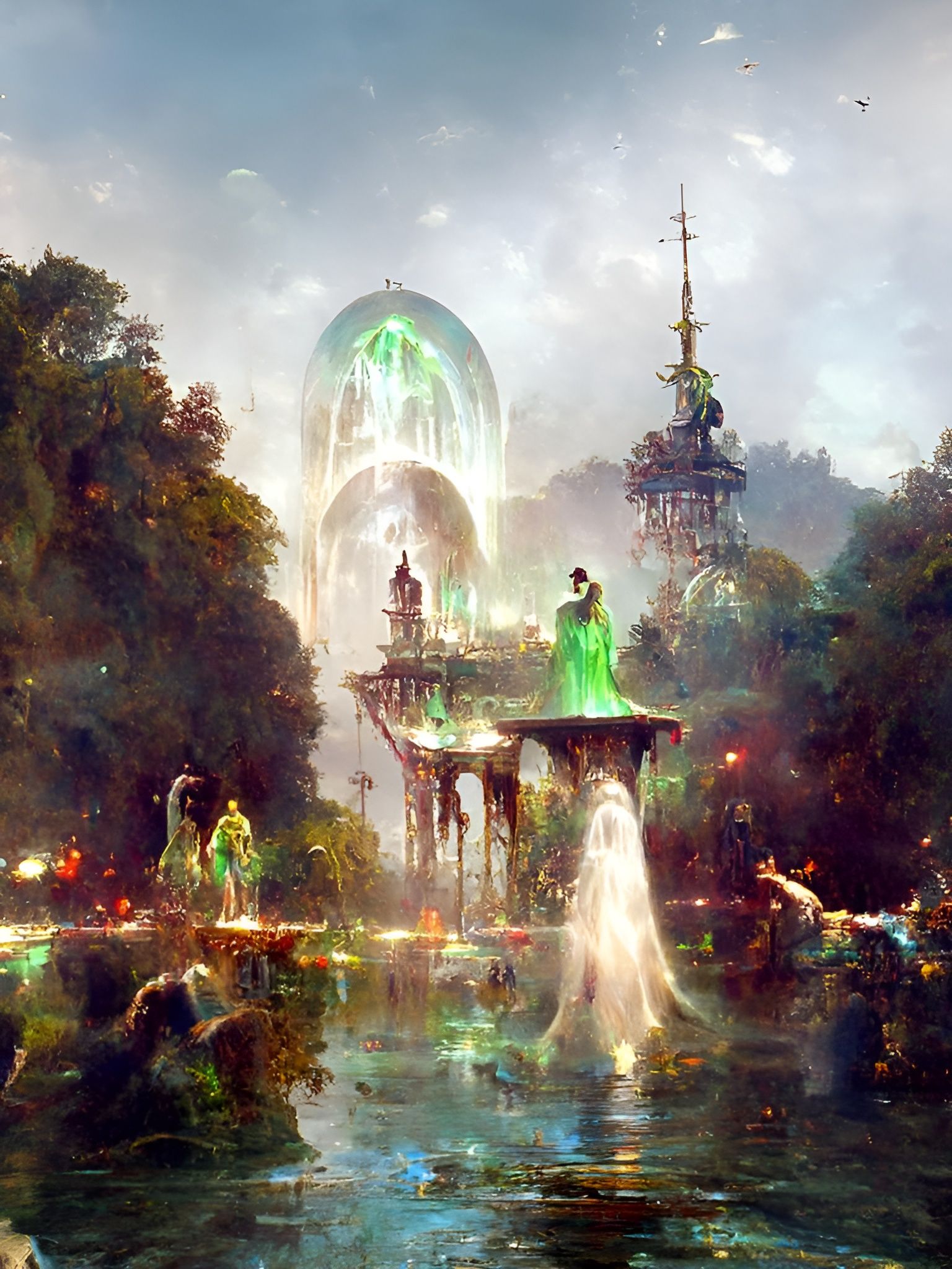 Ethereal Crystal Palace with Green Spirits