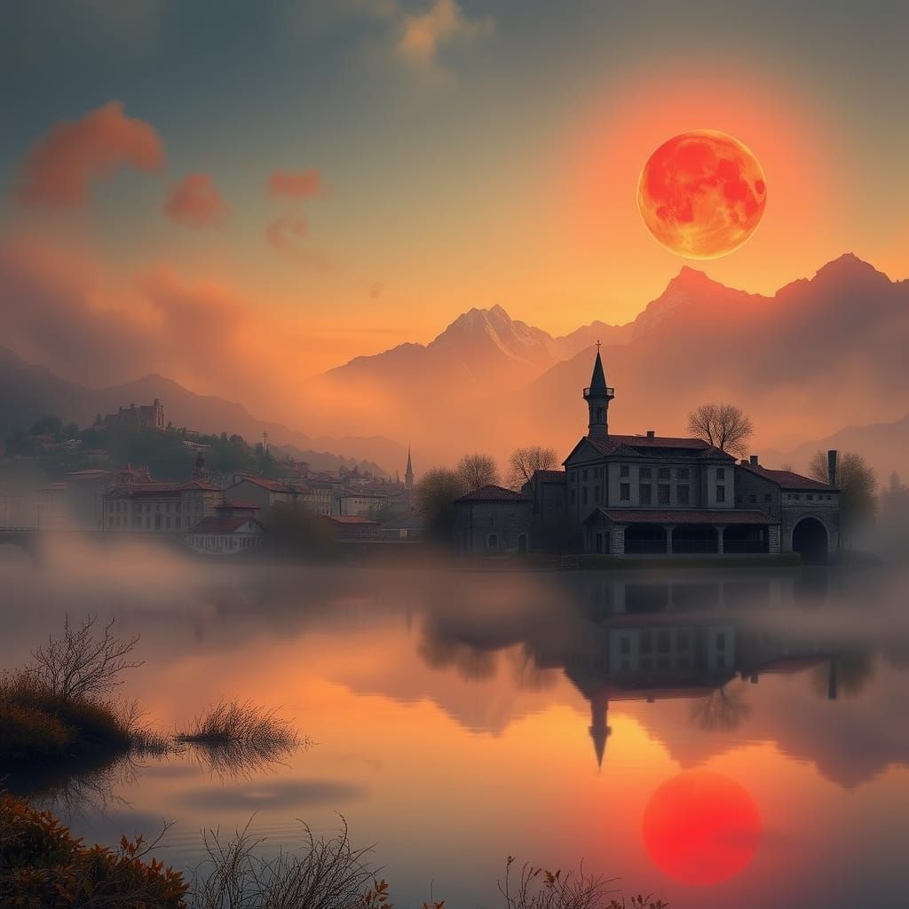 Mystical Spanish Cityscape at Lunar Eclipse