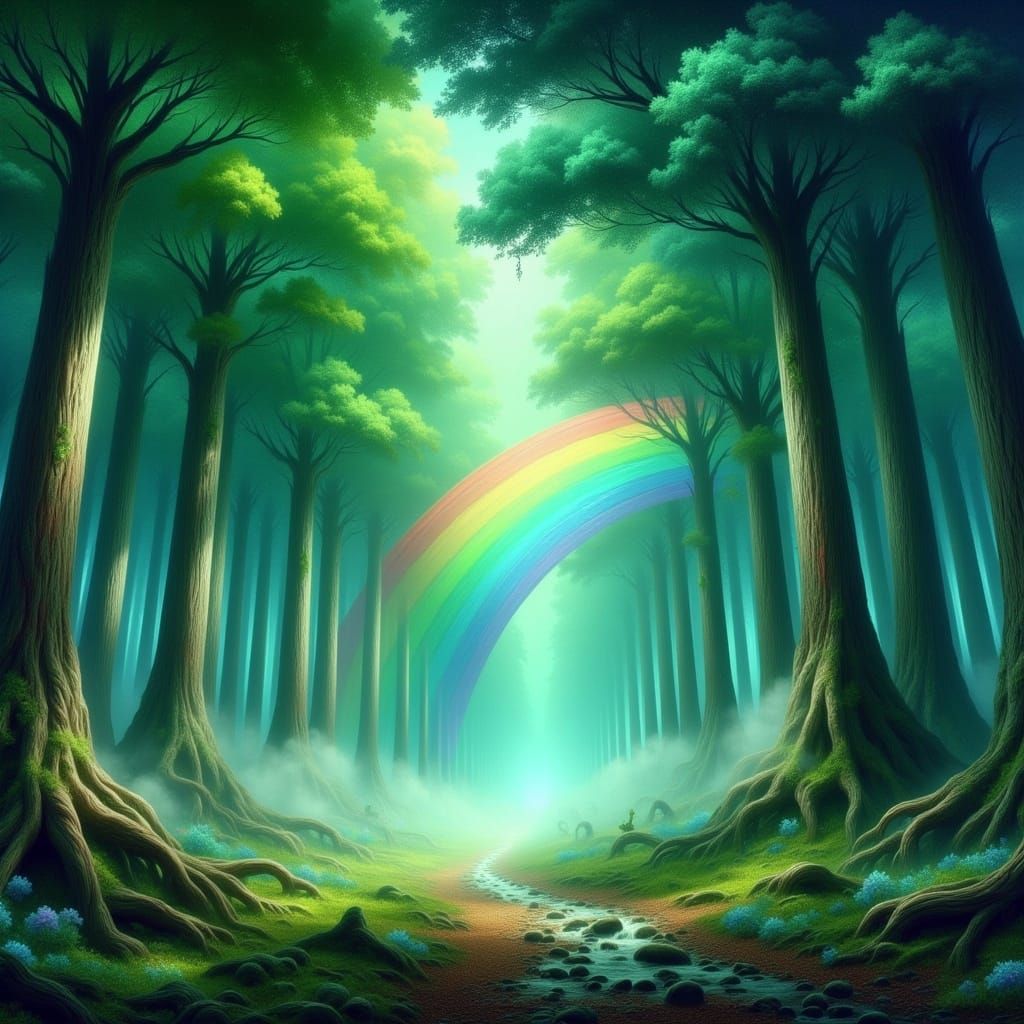 Luminescent Rainbow Over Misty Forest Landscape
