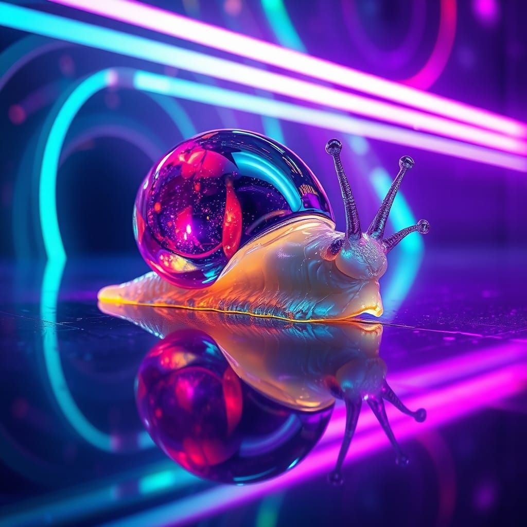 Glowing Snail with Glass Shell in Cyberpunk Dreamscape