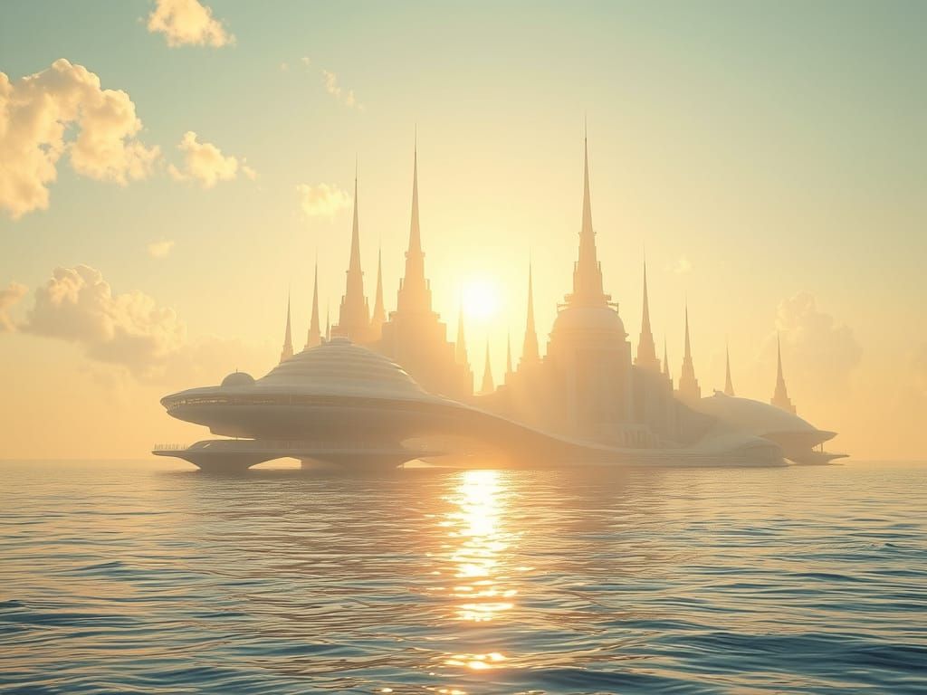 Solarpunk floating ocean city with spires