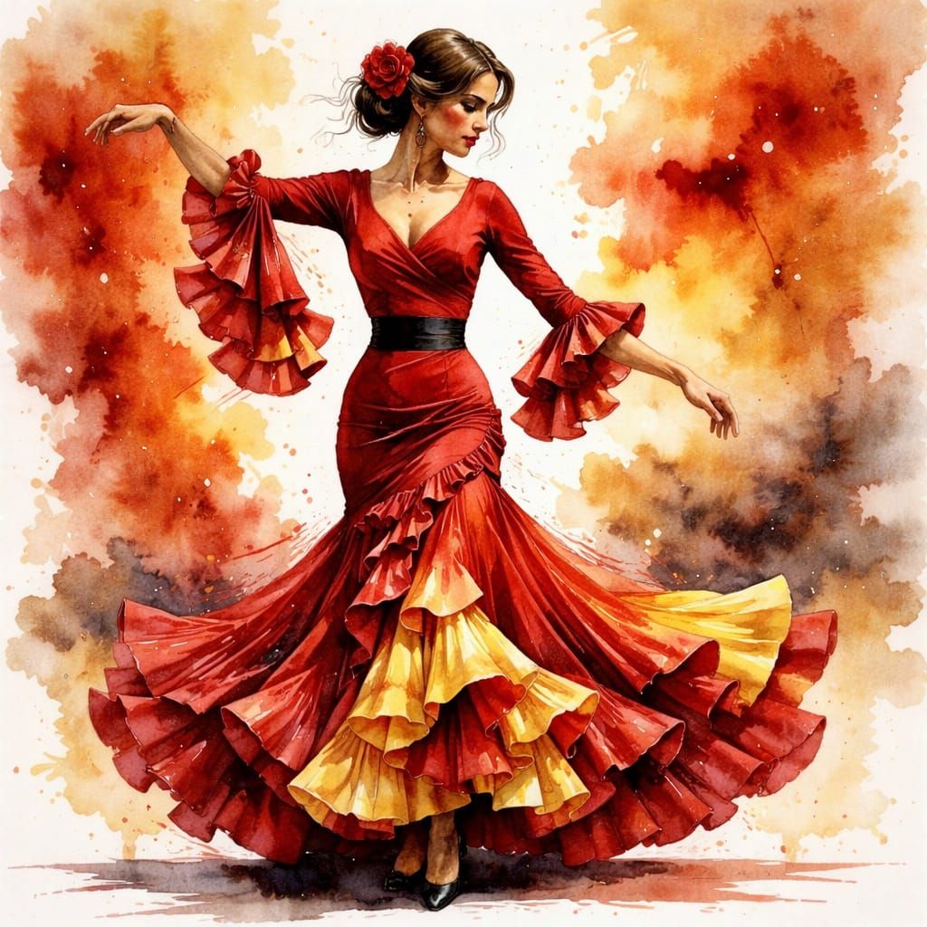 Flamenco Dancer in Dramatic Watercolor Motion