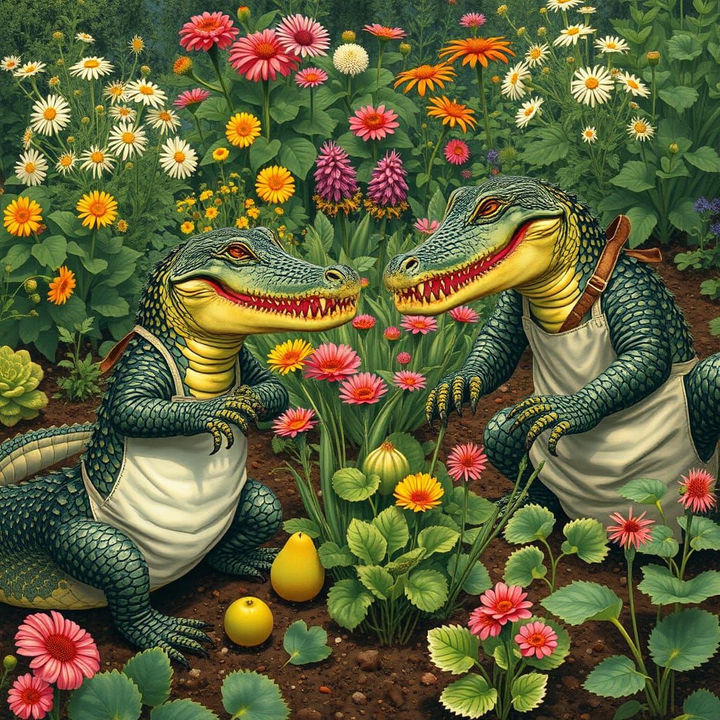 Alligator Gardeners in Detailed Wildlife Art Style