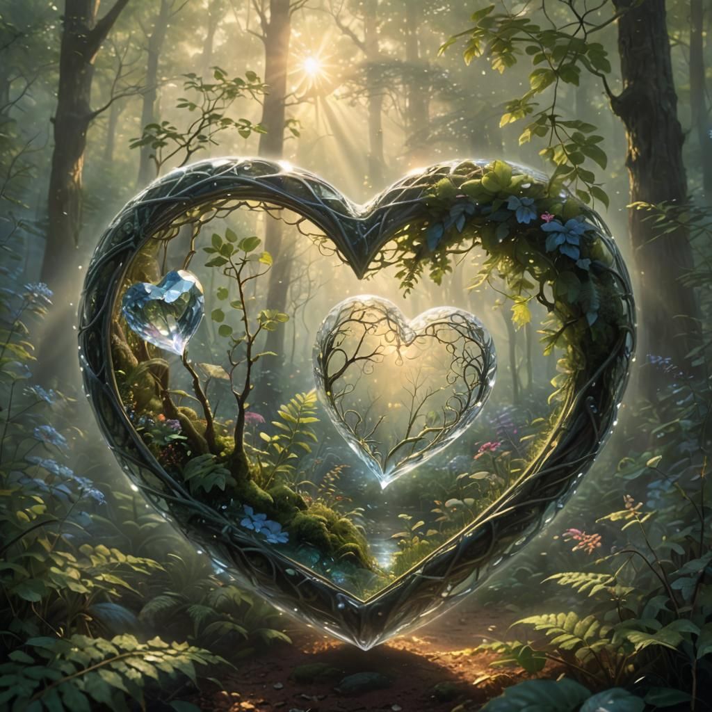 Mystical Forest: Ethereal Crystal Heart in Golden Light