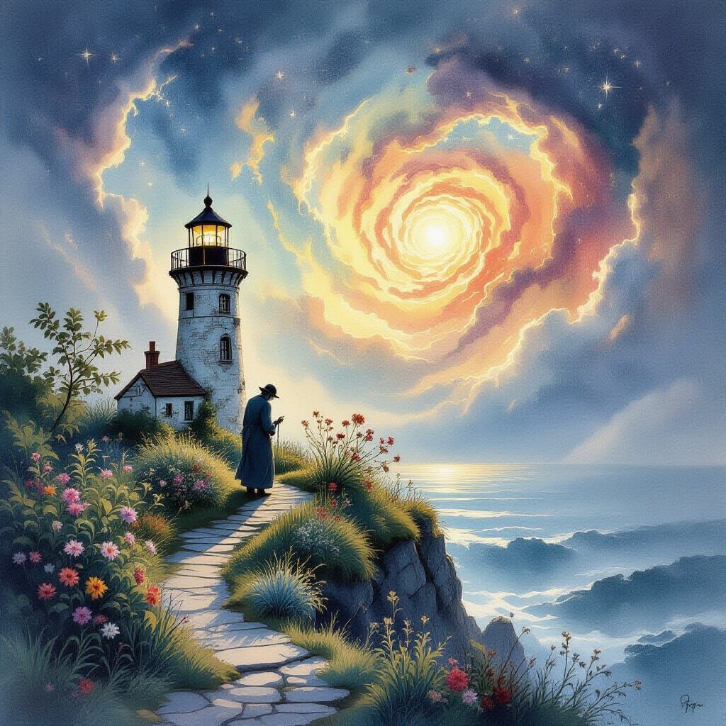 Lighthouse Keeper Tends Cosmic Garden in Ethereal Watercolor