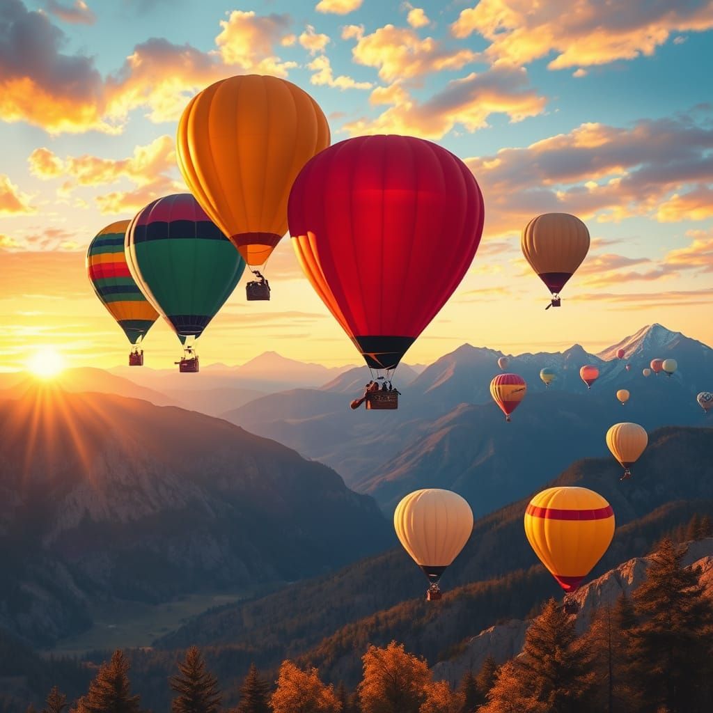 Balloons Ascend Over Mountain Sunset, Romantic Style