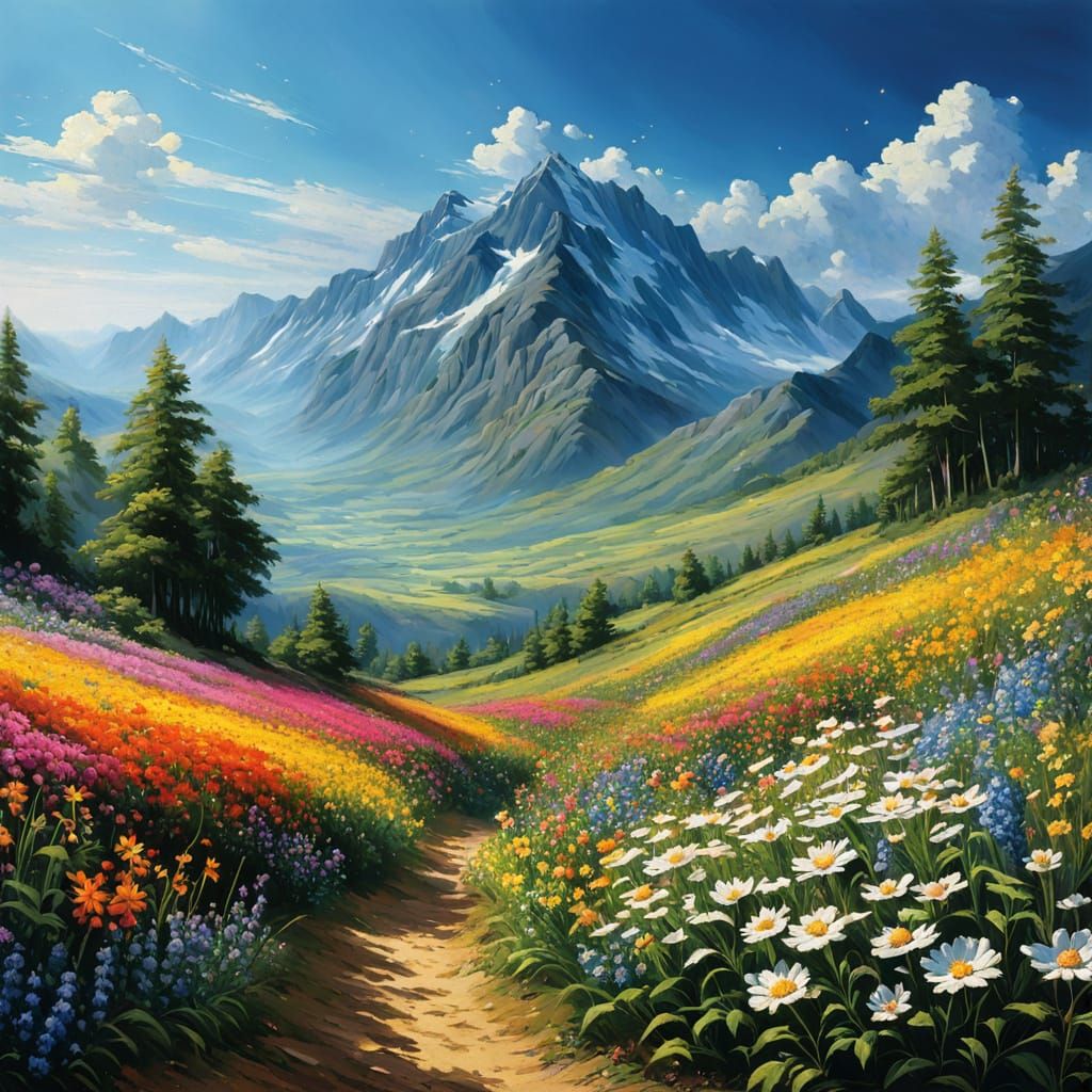 Vibrant Mountain Landscape with Wildflowers and Bright Light
