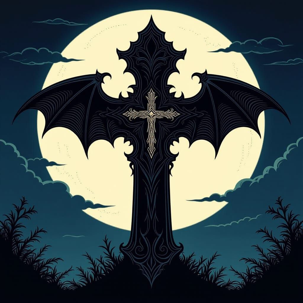 Gothic Bat Wing Cross in Moonlit Sky
