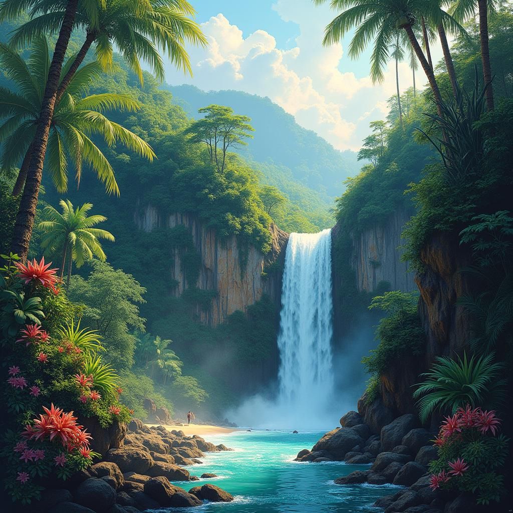 Lush Tropical Waterfall Scene in Impasto Style