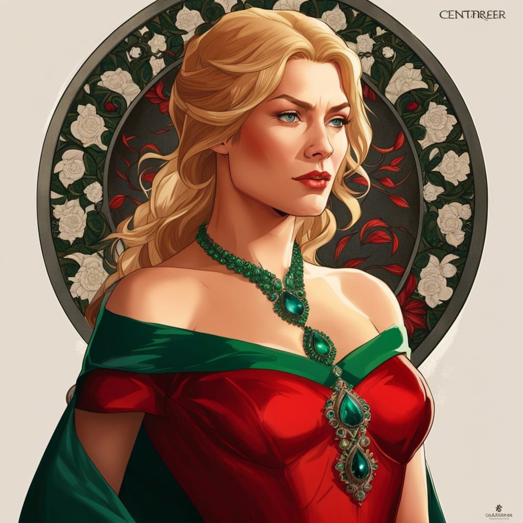 Blonde Woman in Red Dress: Art Nouveau Portrait
