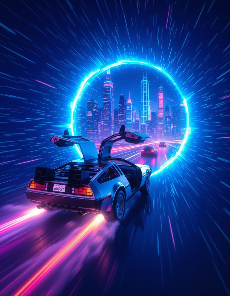 DeLorean Soars Through Starry Sky to Futuristic City