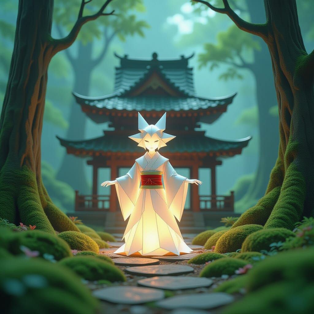 Ghibli Style Temple With Luminous Origami Forest Spirit