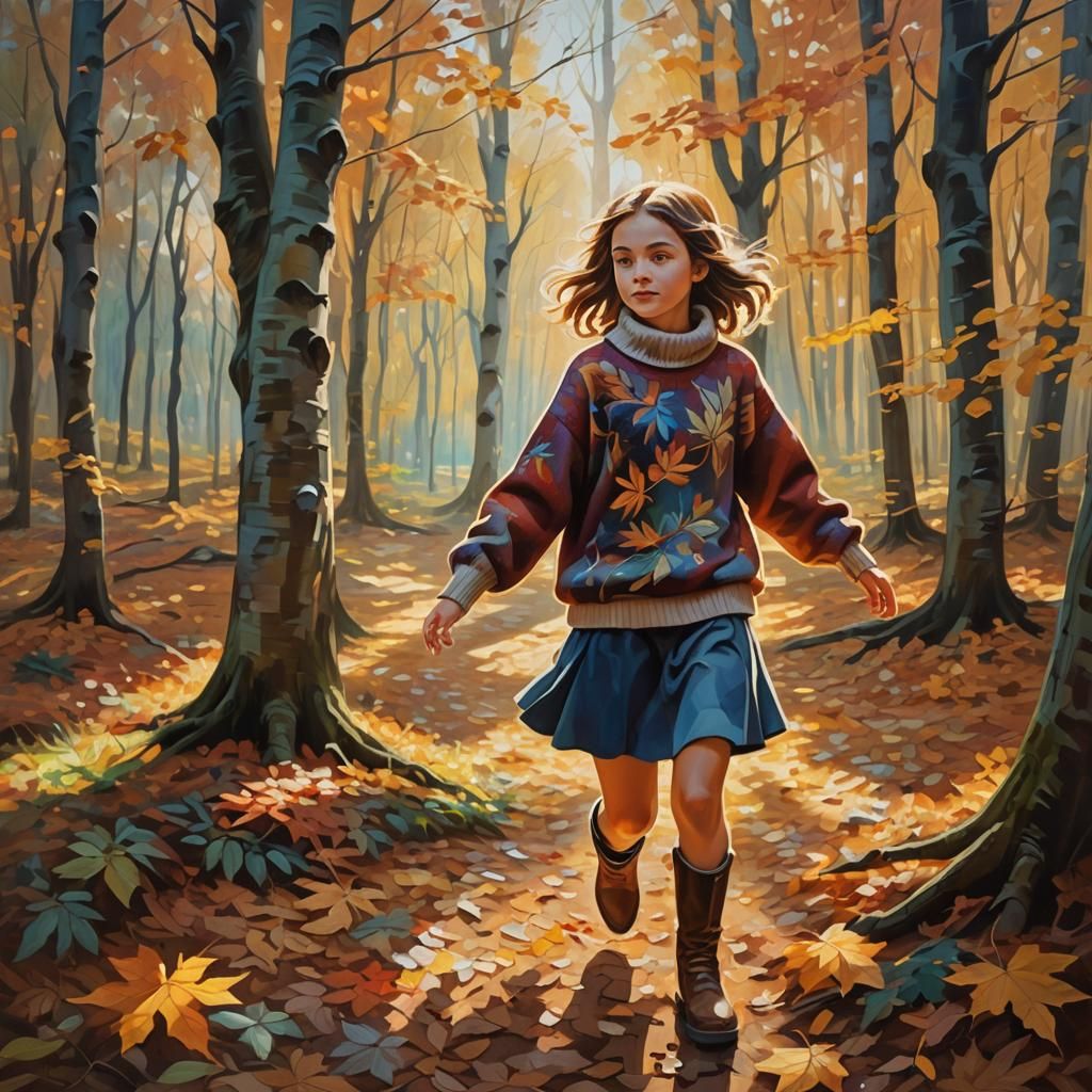 Girl in Mystical Autumn Forest: Impressionist Oil Painting