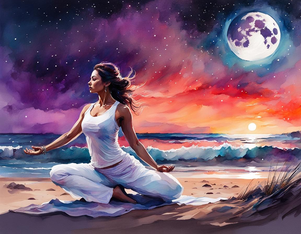 Curvy Woman's Nighttime Beach Yoga: Digital Watercolor