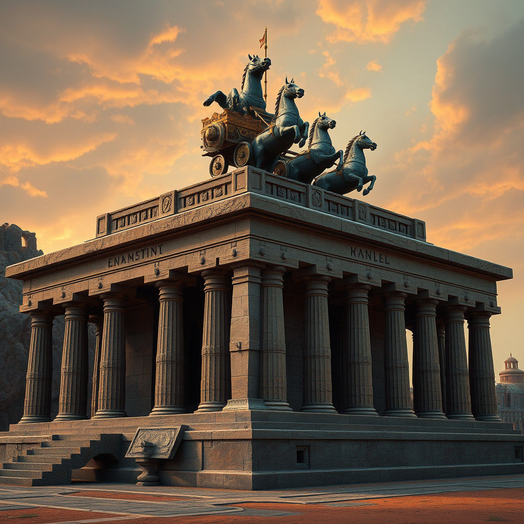 Majestic Ancient Tomb with Horses in Fantasy Art Style