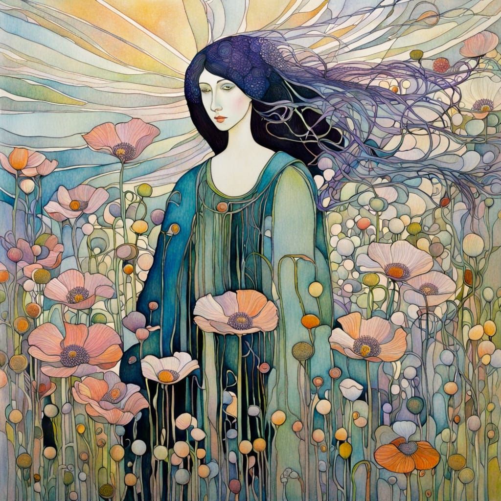 Abstract Anemone Flowers in Ink and Watercolour