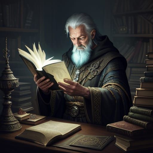 Wizard Studying Ancient Scrolls in Cluttered Den