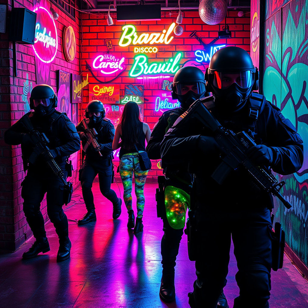 SWAT Raid on Brazilian Disco: Hyperrealistic Scene